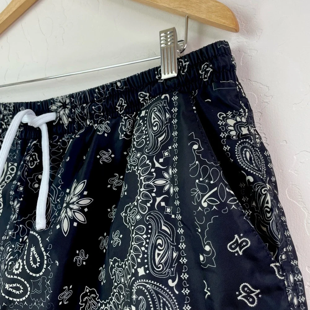 Maison Article Men's Black White Paisley Printed Swim Trunks Shorts Size XL